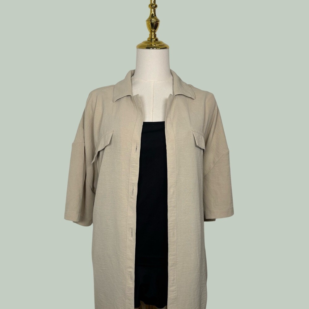 mlle gabrielle beige long collared dress shirt short sleeve boho indie beach